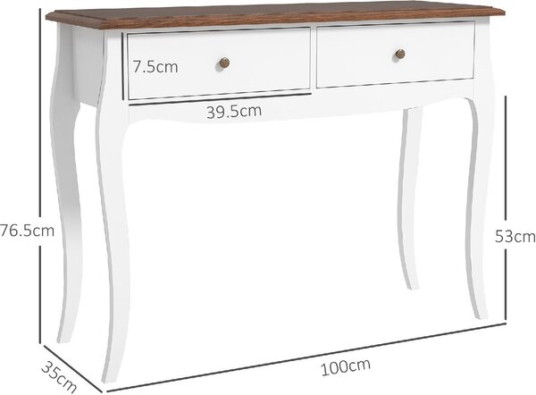 DecHome Consolle Ingresso Stile Shabby Chic con 2 Cassetti in Legno Dimensioni 100x35x76,5 cm colore Bianco/Marrone Scuro