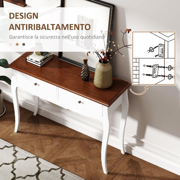 DecHome Consolle Ingresso Stile Shabby Chic con 2 Cassetti in Legno Dimensioni 100x35x76,5 cm colore Bianco/Marrone Scuro