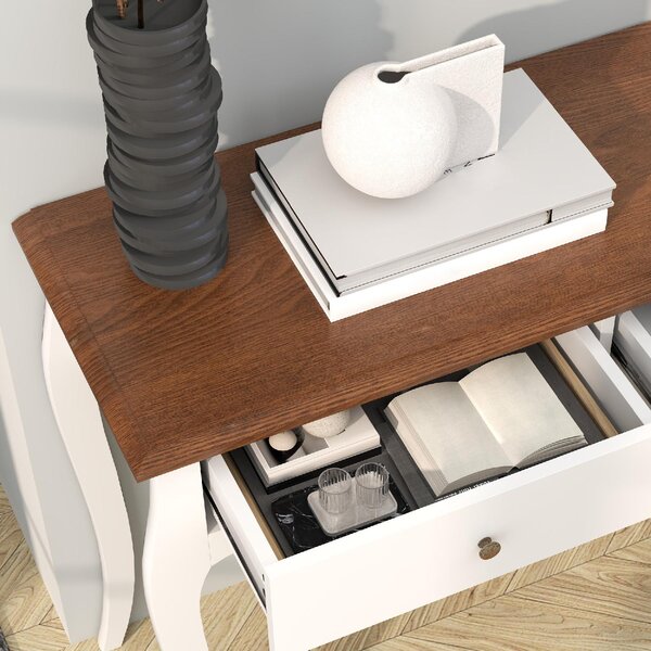 DecHome Consolle Ingresso Stile Shabby Chic con 2 Cassetti in Legno Dimensioni 100x35x76,5 cm colore Bianco/Marrone Scuro