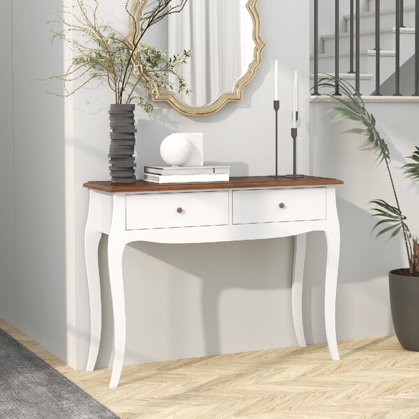 DecHome Consolle Ingresso Stile Shabby Chic con 2 Cassetti in Legno Dimensioni 100x35x76,5 cm colore Bianco/Marrone Scuro
