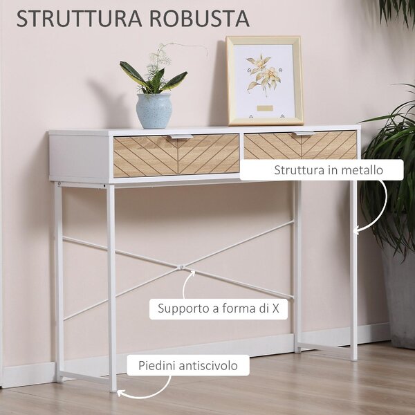 DecHome Consolle Ingresso Design Scandinavo con 2 Cassetti in Metallo Dimensioni 100x30x75 cm colore Bianco