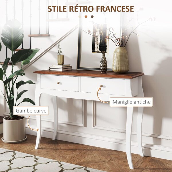 DecHome Consolle Ingresso Stile Shabby Chic con 2 Cassetti in Legno Dimensioni 100x35x76,5 cm colore Bianco/Marrone Scuro