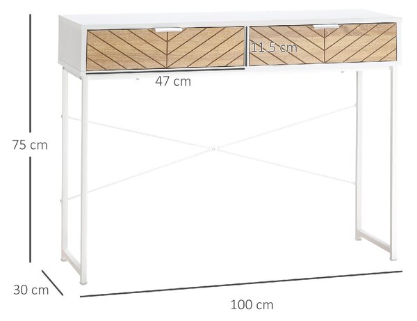 DecHome Consolle Ingresso Design Scandinavo con 2 Cassetti in Metallo Dimensioni 100x30x75 cm colore Bianco