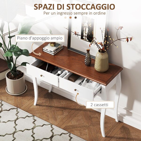 DecHome Consolle Ingresso Stile Shabby Chic con 2 Cassetti in Legno Dimensioni 100x35x76,5 cm colore Bianco/Marrone Scuro