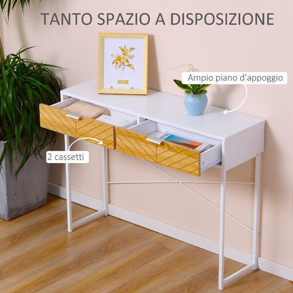 DecHome Consolle Ingresso Design Scandinavo con 2 Cassetti in Metallo Dimensioni 100x30x75 cm colore Bianco
