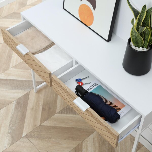 DecHome Consolle Ingresso Design Scandinavo con 2 Cassetti in Metallo Dimensioni 100x30x75 cm colore Bianco