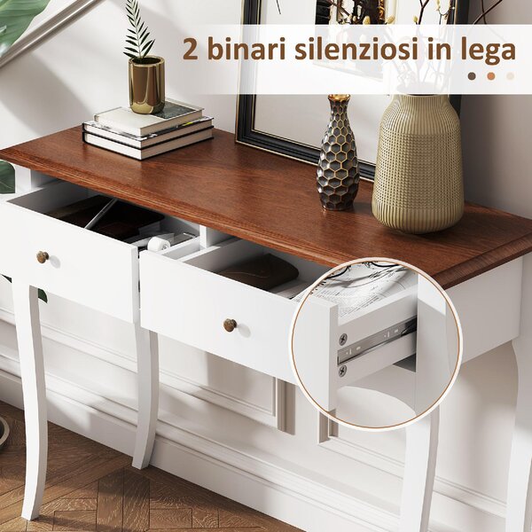 DecHome Consolle Ingresso Stile Shabby Chic con 2 Cassetti in Legno Dimensioni 100x35x76,5 cm colore Bianco/Marrone Scuro