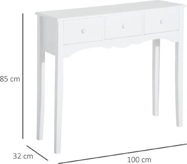 DecHome Consolle Ingresso Stile Shabby Chic con 3 Cassetti Dimensioni 100x32x85 cm colore Bianco