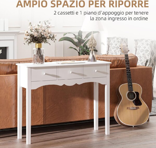 DecHome Consolle Ingresso Stile Shabby Chic con 3 Cassetti Dimensioni 100x32x85 cm colore Bianco