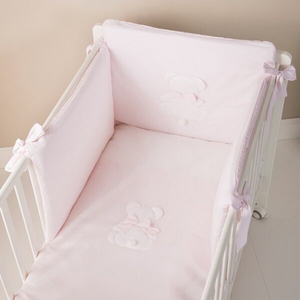 NANAN Coordinato Tessile per Culla Federa + Paracolpi + Piumone + Copripiumone colore Rosa - Fiocco