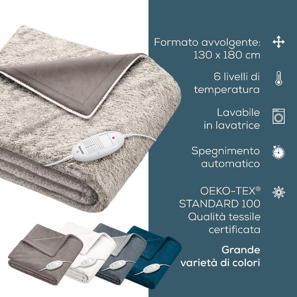 Beurer Coperta Elettrica con Dispositivo di Termoregolazione Elettronico, 6 livelli di temperatura e spegnimento automatico colore Nordic Taupe - H