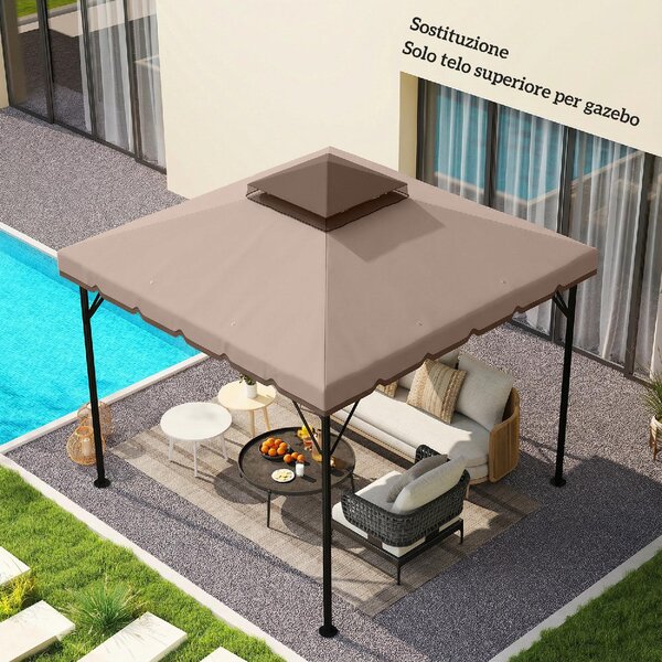 VivaGarden Copertura Gazebo 3x3 m a 2 Livelli Top in Poliestere con 8 Fori di Drenaggio colore Cachi e Marrone