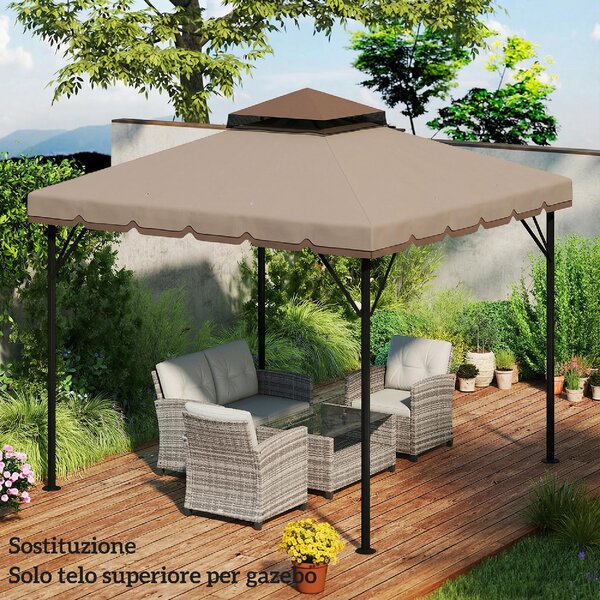 VivaGarden Copertura Gazebo 3x3 m a 2 Livelli Top in Poliestere con 8 Fori di Drenaggio colore Cachi e Marrone