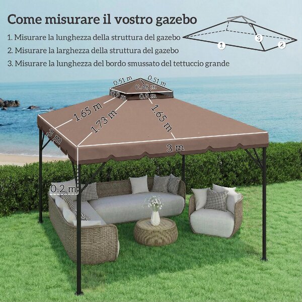 VivaGarden Copertura Gazebo 3x3 m a 2 Livelli Top in Poliestere con 8 Fori di Drenaggio colore Cachi e Marrone