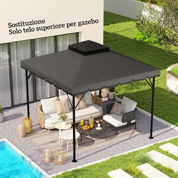 VivaGarden Copertura Gazebo 3x3 m a 2 Livelli Top in Poliestere con 8 Fori di Drenaggio colore Grigio Chiaro e Scuro