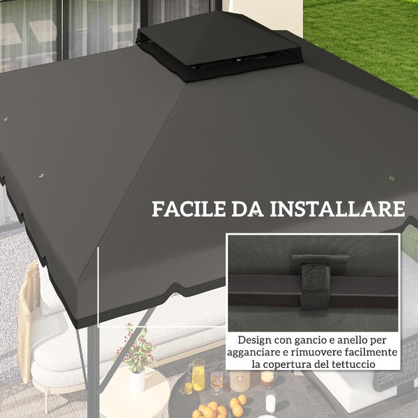 VivaGarden Copertura Gazebo 3x3 m a 2 Livelli Top in Poliestere con 8 Fori di Drenaggio colore Grigio Chiaro e Scuro