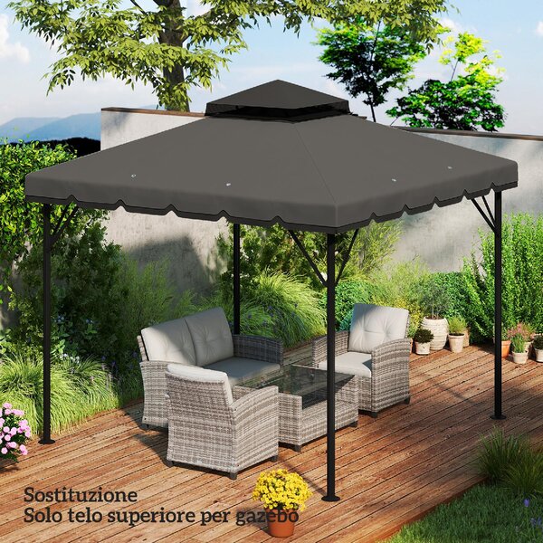 VivaGarden Copertura Gazebo 3x3 m a 2 Livelli Top in Poliestere con 8 Fori di Drenaggio colore Grigio Chiaro e Scuro