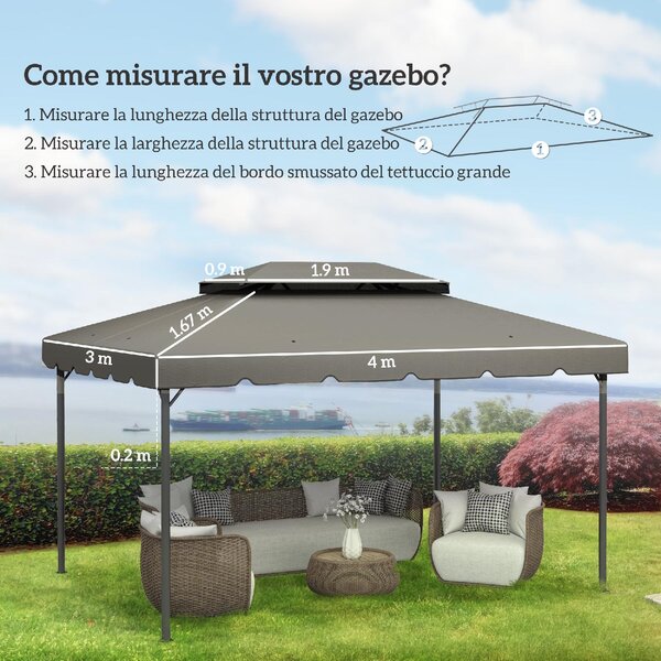 VivaGarden Copertura Gazebo 3x4 m 2 Livelli con 8 Fori di Drenaggio in Poliestere colore Grigio Chiaro