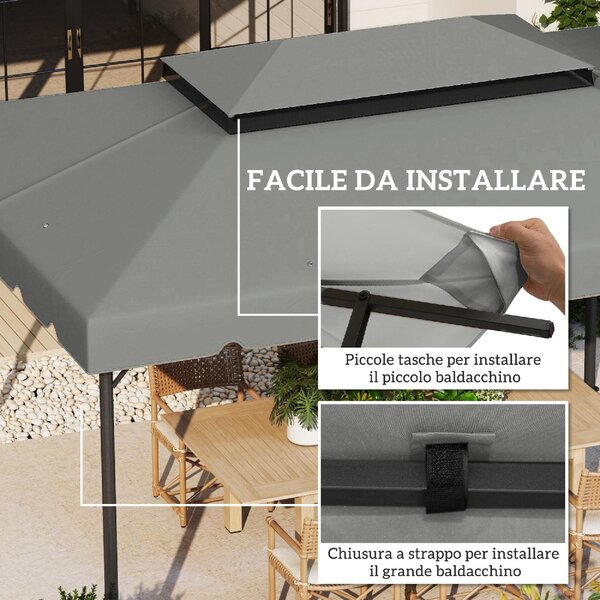 VivaGarden Copertura Gazebo 3x4 m 2 Livelli con 8 Fori di Drenaggio in Poliestere colore Grigio Chiaro