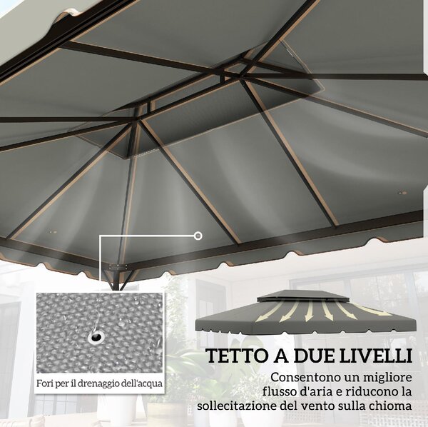 VivaGarden Copertura Gazebo 3x4 m 2 Livelli con 8 Fori di Drenaggio in Poliestere colore Grigio Chiaro