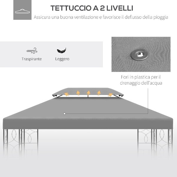 VivaGarden Copertura Gazebo 4x3 m a 2 Livelli in Poliestere con Cinghie e 10 Fori di Drenaggio colore Grigio