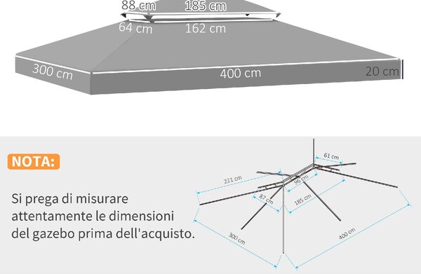 VivaGarden Copertura Gazebo 4x3 m a 2 Livelli in Poliestere con Cinghie e 10 Fori di Drenaggio colore Grigio