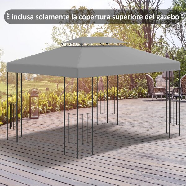 VivaGarden Copertura Gazebo 4x3 m a 2 Livelli in Poliestere con Cinghie e 10 Fori di Drenaggio colore Grigio