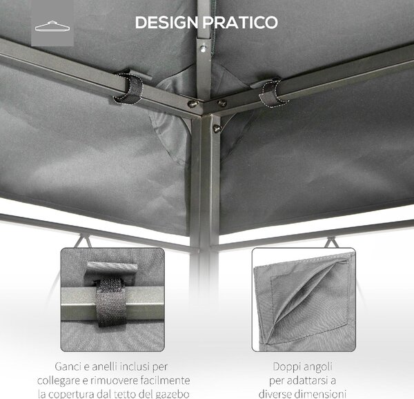 VivaGarden Copertura Gazebo 4x3 m a 2 Livelli in Poliestere con Cinghie e 10 Fori di Drenaggio colore Grigio