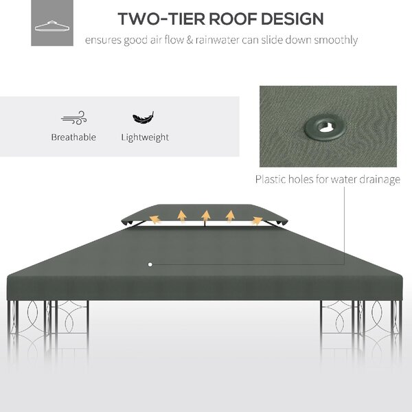 VivaGarden Copertura Gazebo 4x3 m a 2 Livelli in Poliestere con Cinghie e 10 Fori di Drenaggio colore Grigio Scuro