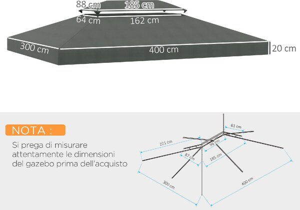 VivaGarden Copertura Gazebo 4x3 m a 2 Livelli in Poliestere con Cinghie e 10 Fori di Drenaggio colore Grigio Scuro