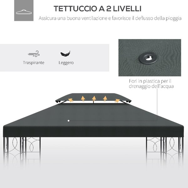 VivaGarden Copertura Gazebo 4x3 m a 2 Livelli in Poliestere con Cinghie e 10 Fori di Drenaggio colore Grigio Antracite