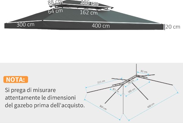 VivaGarden Copertura Gazebo 4x3 m a 2 Livelli in Poliestere con Cinghie e 10 Fori di Drenaggio colore Grigio Antracite