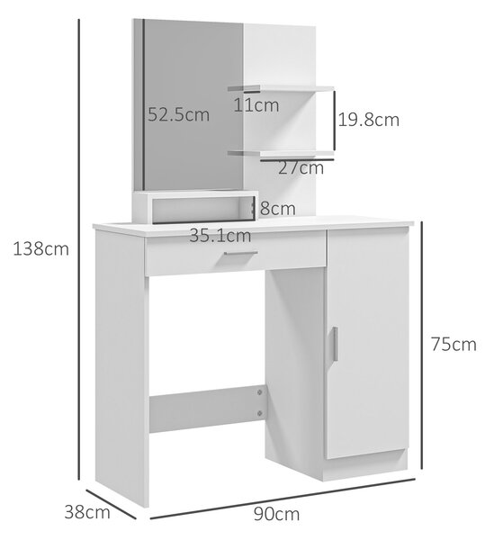 HOMCOM Tavolo per Trucco in Truciolato con Mobiletto, Cassetto, Ripiani Aperti e Specchio, 90x38x138 cm, Bianco|Aosom