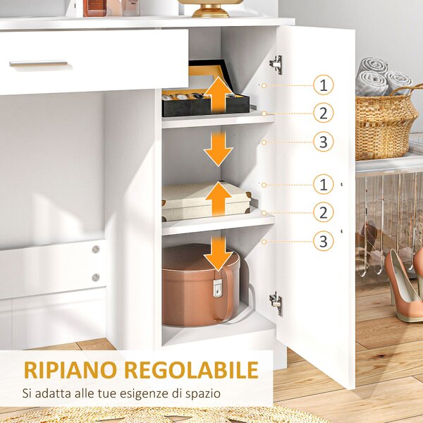 HOMCOM Tavolo per Trucco in Truciolato con Mobiletto, Cassetto, Ripiani Aperti e Specchio, 90x38x138 cm, Bianco|Aosom