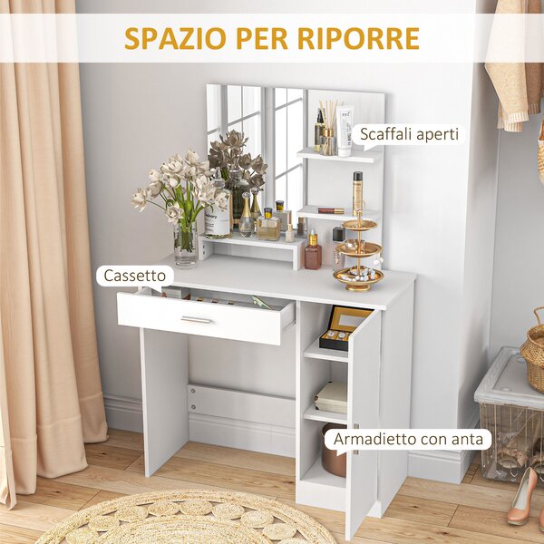 HOMCOM Tavolo per Trucco in Truciolato con Mobiletto, Cassetto, Ripiani Aperti e Specchio, 90x38x138 cm, Bianco|Aosom