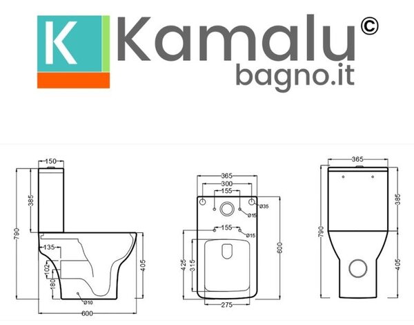 Kamalu vaso monoblocco senza brida scarico a parete e soft close | anta-2300