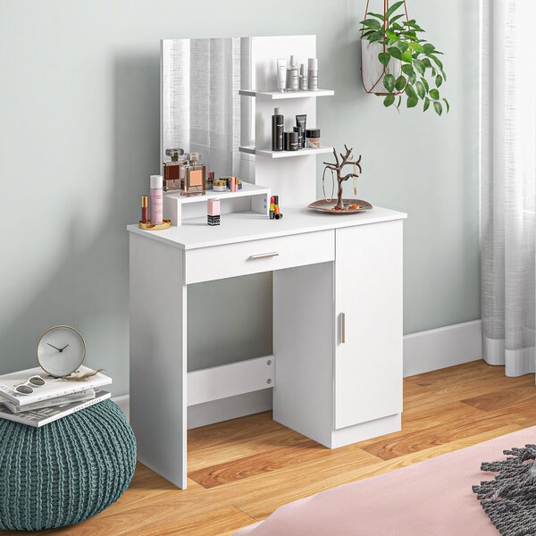 HOMCOM Tavolo per Trucco in Truciolato con Mobiletto, Cassetto, Ripiani Aperti e Specchio, 90x38x138 cm, Bianco|Aosom