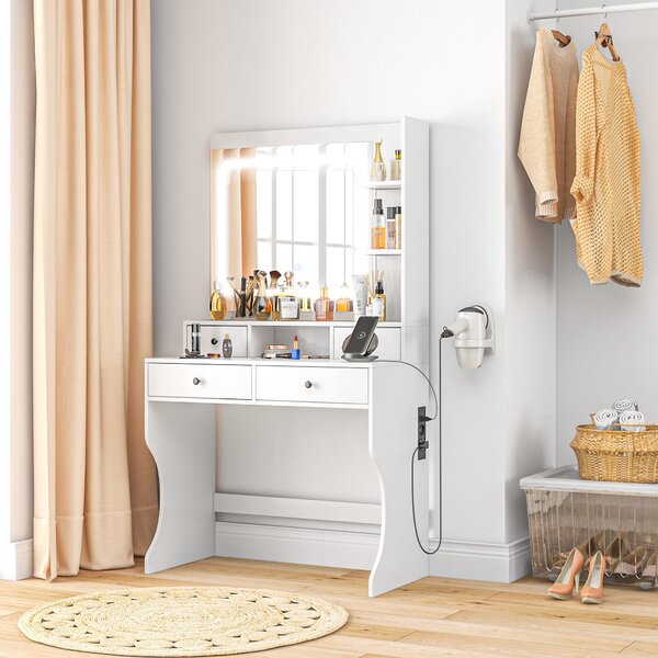 Toeletta Trucco Con Luci LED Devoko - 90x40x135cm, 2 Cassetti, Regolabile, Bianco - Foto 14