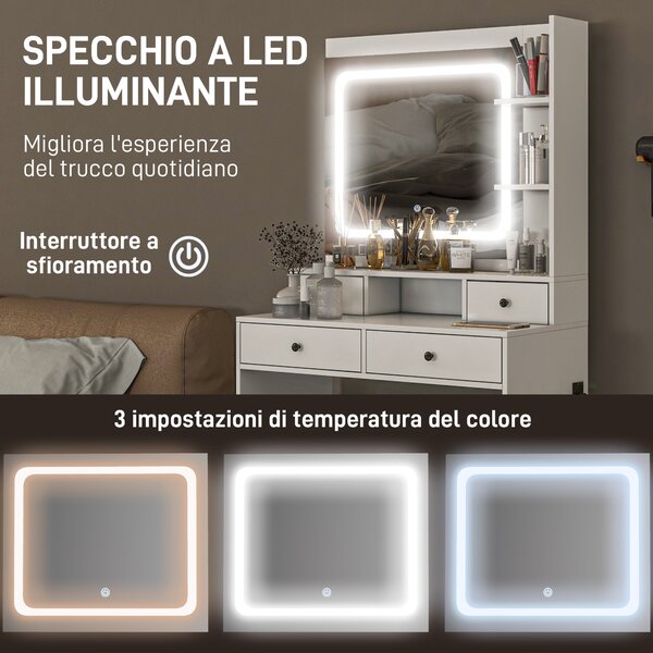 HOMCOM Toeletta Trucco con Luci LED 3 Tonalità e Specchio, Prese USB, 4 Cassetti e Mensole, 90x45x160cm, Bianco | Aosom Italy