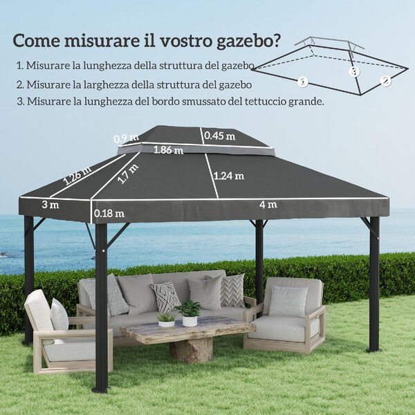 VivaGarden Copertura Gazebo da Giardino 3x4 m Top a 2 Livelli in Tessuto Oxford 600D con Fori di Drenaggio colore Grigio Scuro