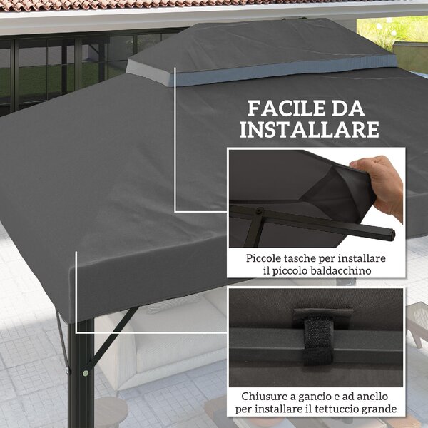 VivaGarden Copertura Gazebo da Giardino 3x4 m Top a 2 Livelli in Tessuto Oxford 600D con Fori di Drenaggio colore Grigio Scuro