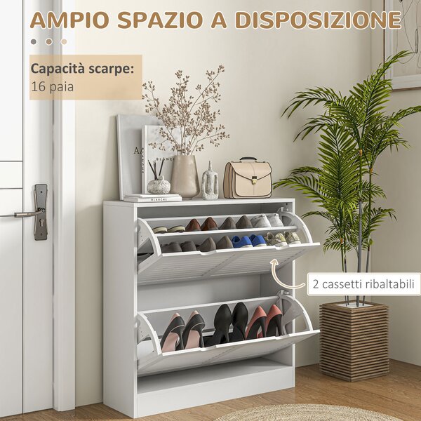HOMCOM Mobile Scarpiera Salvaspazio in Legno per 16 Paia di Scarpe con 2 Ante a Ribalta, 81.5x25x83cm, Bianco|Aosom
