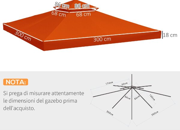 VivaGarden Copertura per Gazebo 3x3 m a 2 Livelli in Poliestere Resistente con 8 Fori di Drenaggio Rosso Ruggine