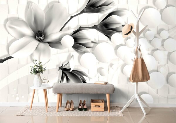 Carta da parati – Magnolia in bianco e nero con elementi astratti