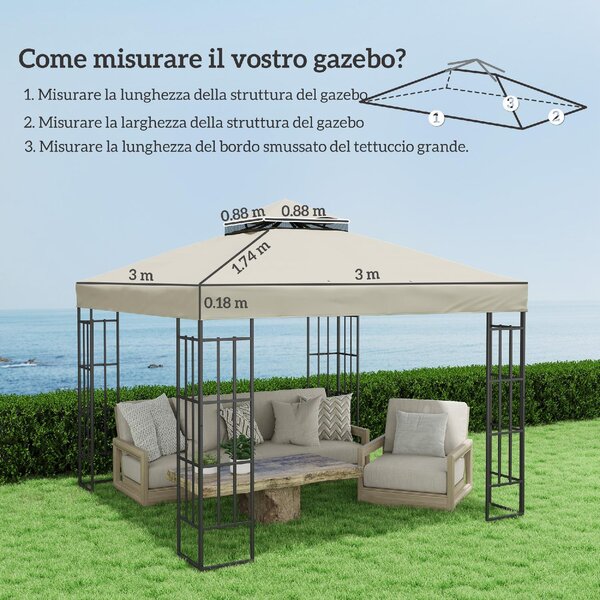 VivaGarden Copertura per Gazebo da Giardino 3x3m Tetto Sostitutivo UPF30+ a 2 Livelli in Poliestere colore Crema