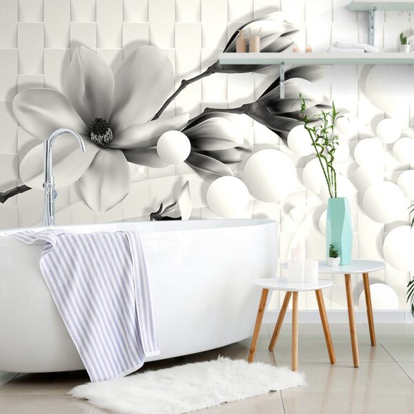 Carta da parati – Magnolia in bianco e nero con elementi astratti