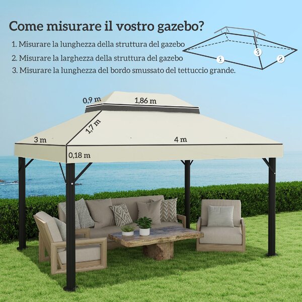 VivaGarden Copertura per Gazebo da Giardino 3x4 m a 2 Livelli in Tessuto Oxford 600D con Fori di Drenaggio colore Bianco Crema