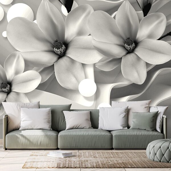 Carta da parati – Magnolia in bianco e nero su sfondo astratto
