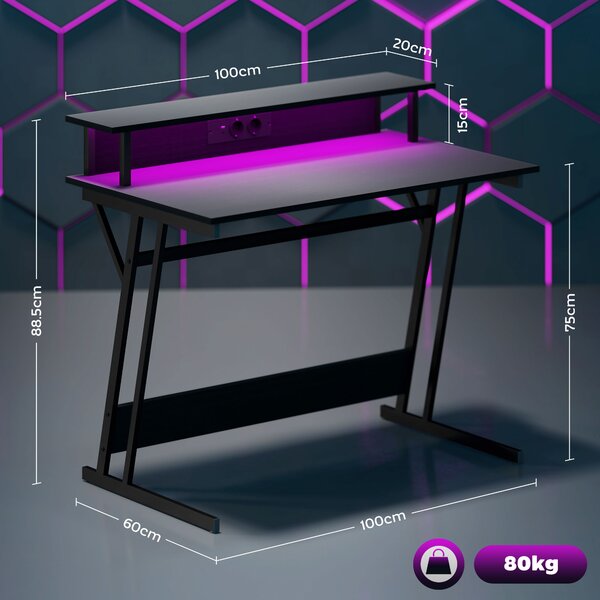 HOMCOM Scrivania Gaming con Luci LED e Supporto per Monitor, in Truciolato e Acciaio, 100x60x88.5 cm, Nero