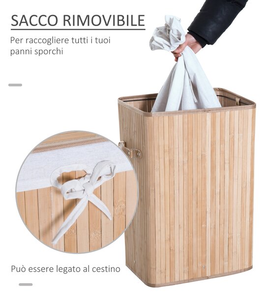 HOMCOM Cesto Portabiancheria in Bambù con Coperchio, Cestino per Biancheria con Sacco in Tessuto Rimovibile, 40x30x60cm, Naturale